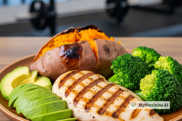 A bowl with grilled chicken, roasted sweet potato, and sliced avocado.