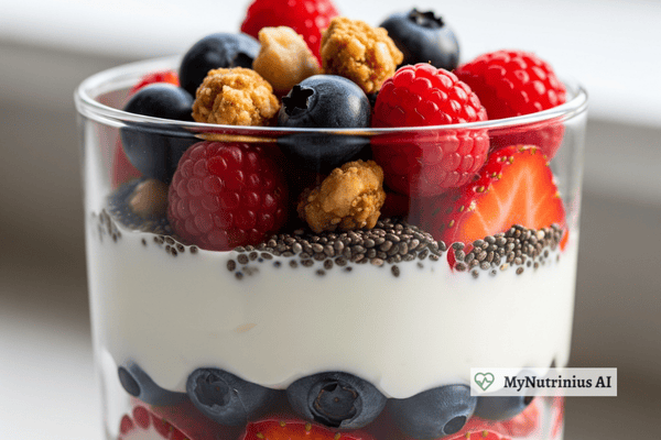 A layered Greek yogurt parfait with berries and granola in a glass.