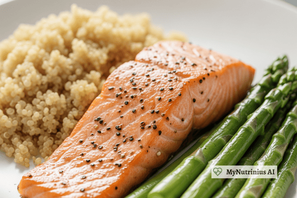A plate of baked salmon with quinoa and roasted asparagus.