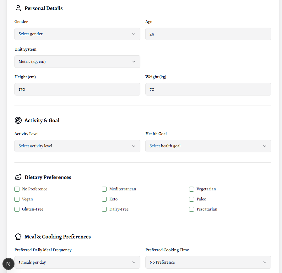 MyNutrinius meal planner form for personal details.